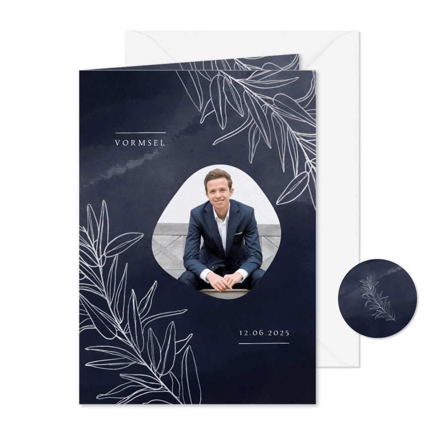 Stijlvolle vormselkaart waterverf en zilverfolie takken - Kaartimpressie