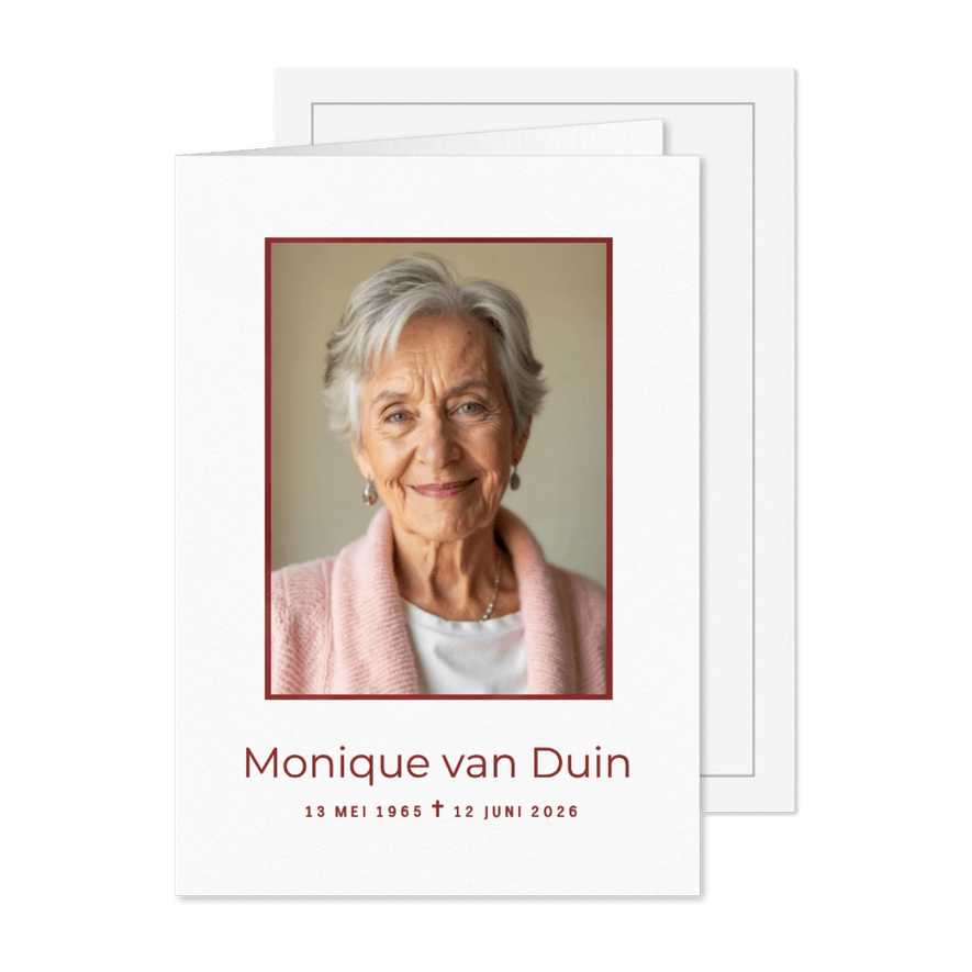 Stijlvolle witte rouwkaart met grote foto en rood kader - Kaartimpressie