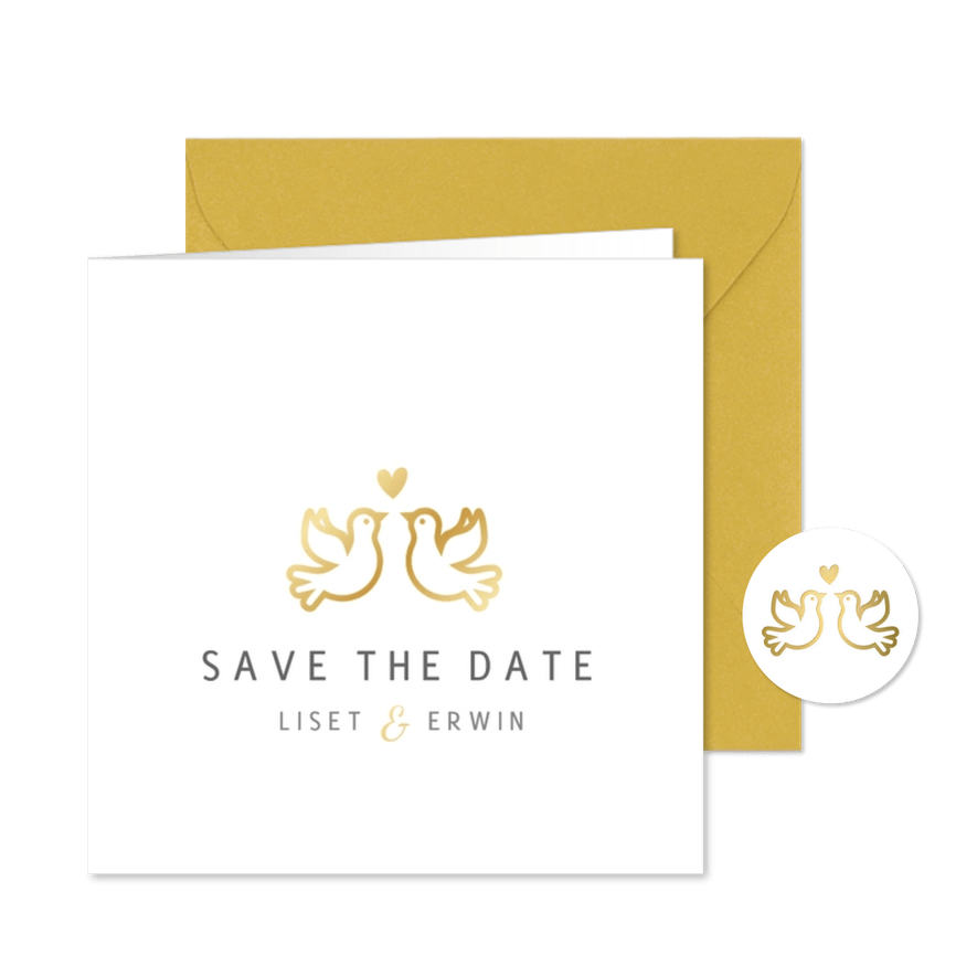 Stijlvolle witte Save the Date kaart met gouden duifjes - Kaartimpressie
