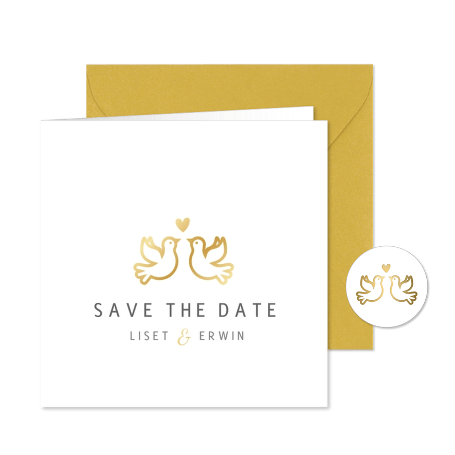 Stijlvolle witte Save the Date kaart met gouden duifjes  - Kaartimpressie