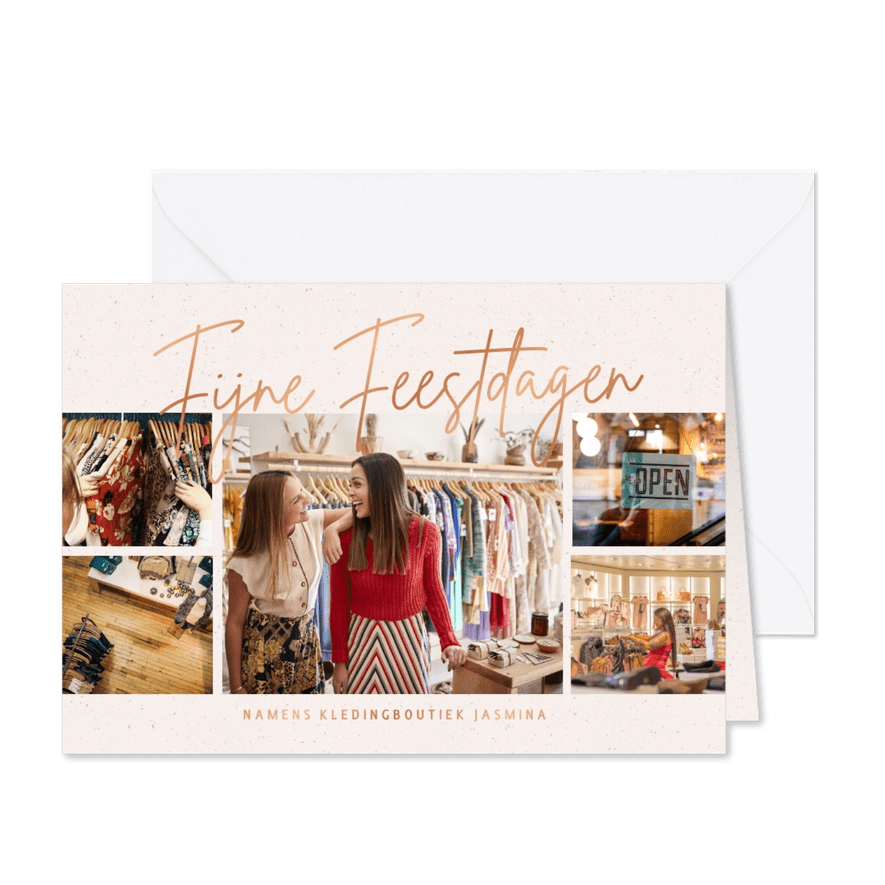 Stijlvolle zakelijk kerstkaart met koperen tekst fotocollage - Kaartimpressie