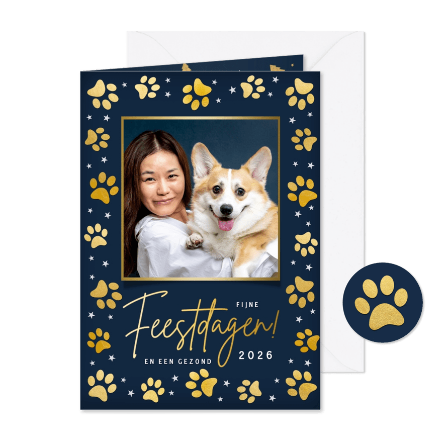 Stijlvolle zakelijke dieren kerstkaart met pootafdruk kader - Kaartimpressie