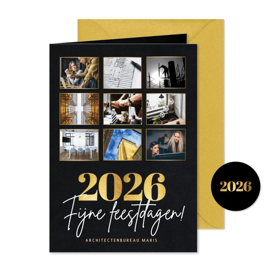 Stijlvolle zakelijke fotocollage kerstkaart met gouden 2026 - Kaartimpressie