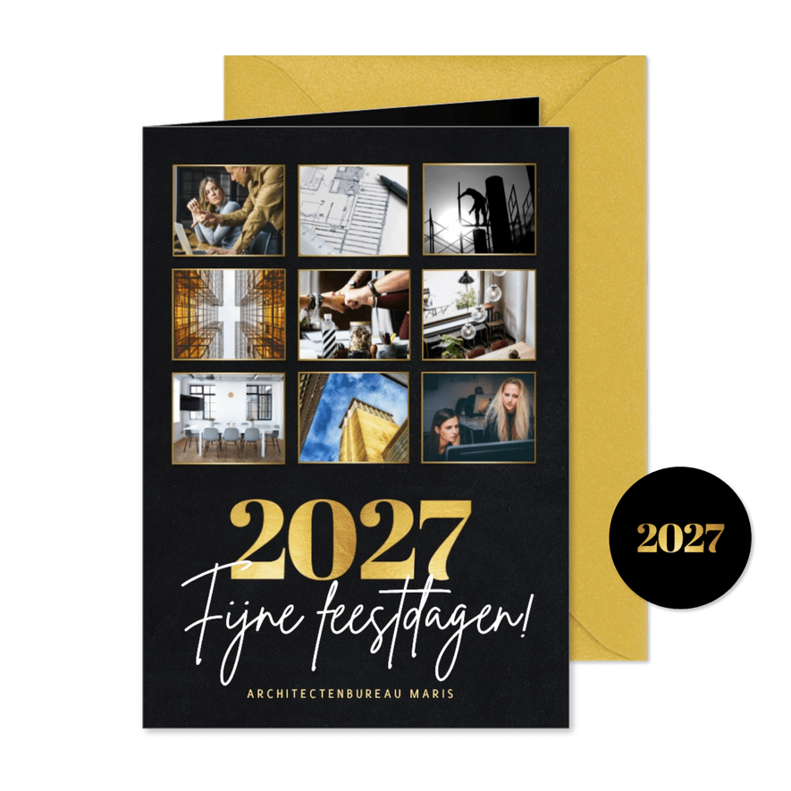 Stijlvolle zakelijke fotocollage kerstkaart met gouden 2027 - Kaartimpressie