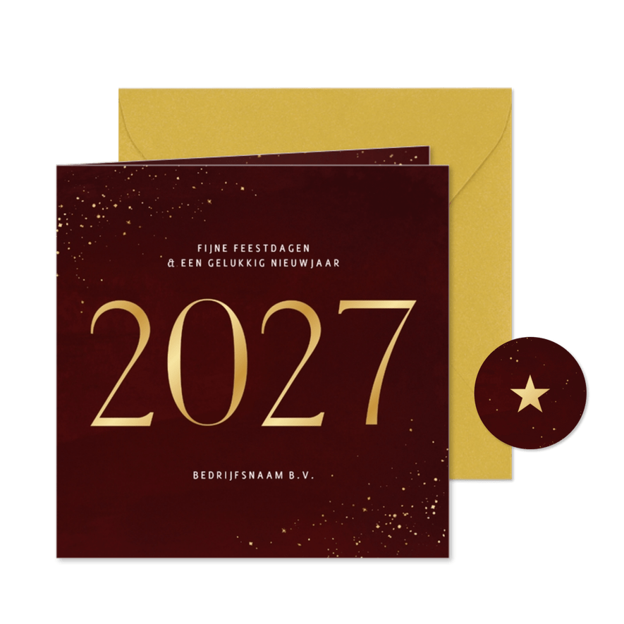 Stijlvolle zakelijke kerstkaart 2027 goud donkerrood - Kaartimpressie