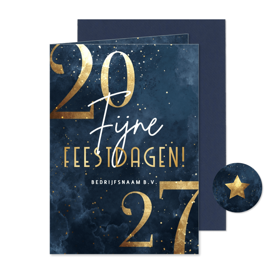 Stijlvolle zakelijke kerstkaart 2027 goudlook met sparkles - Kaartimpressie