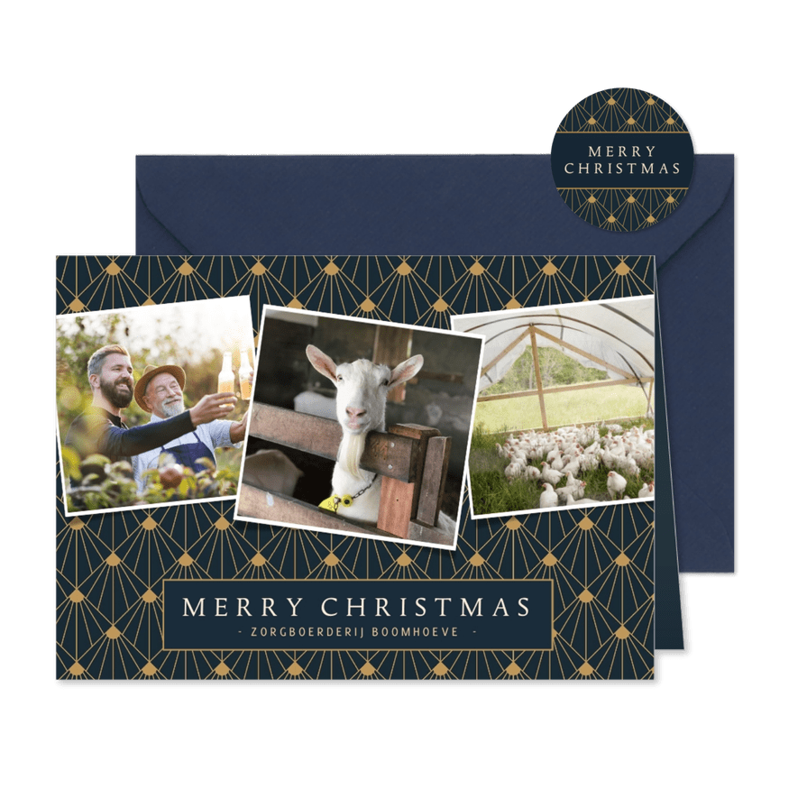Stijlvolle zakelijke kerstkaart art-deco met 3 foto's - Kaartimpressie