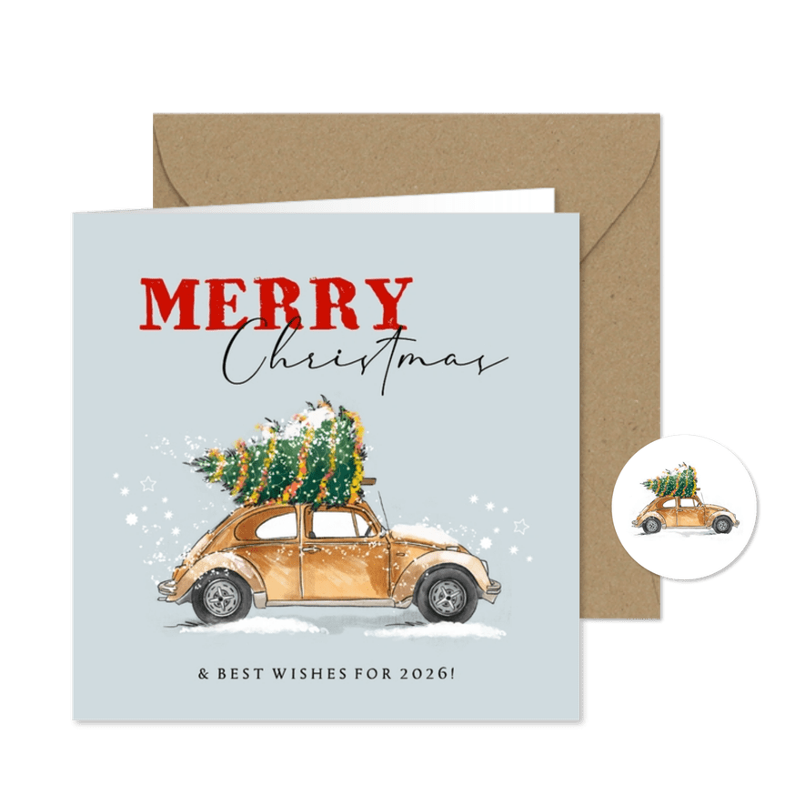 Stijlvolle zakelijke kerstkaart auto kerstboom ster - Kaartimpressie