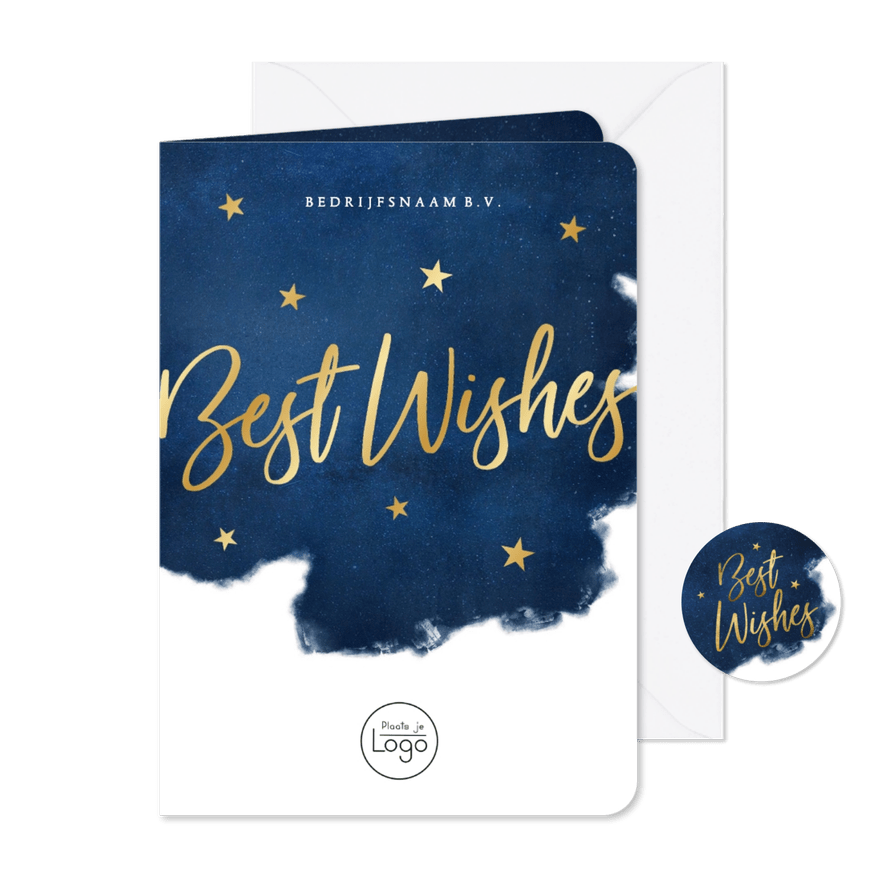 Stijlvolle zakelijke kerstkaart Best Wishes - blauw met goud - Kaartimpressie