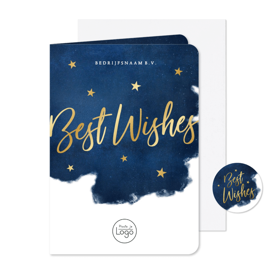Stijlvolle zakelijke kerstkaart Best Wishes - blauw met goud - Kaartimpressie