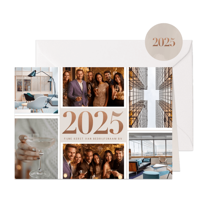 Stijlvolle zakelijke kerstkaart fotocollage en koper 2025 - Kaartimpressie