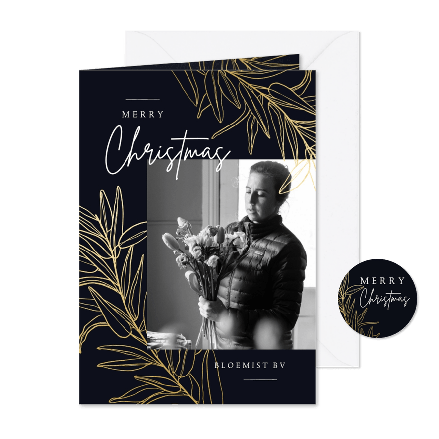 Stijlvolle zakelijke kerstkaart gouden takken en foto - Kaartimpressie