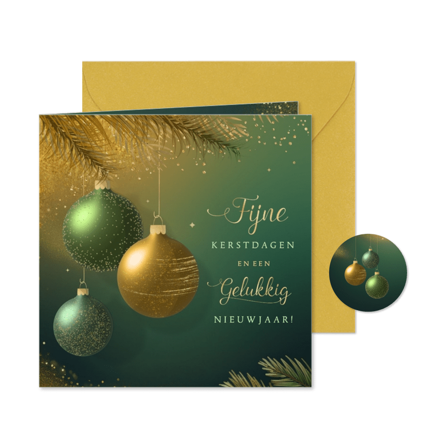 Stijlvolle zakelijke kerstkaart groen goud 3d kerstballen - Kaartimpressie