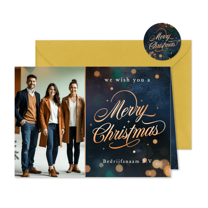 Stijlvolle zakelijke kerstkaart Merry Christmas met foto - Kaartimpressie