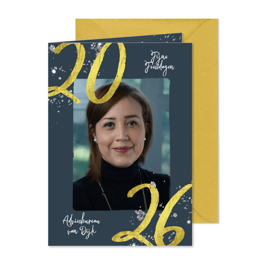 Stijlvolle zakelijke kerstkaart met foto en gouden 2026 - Kaartimpressie
