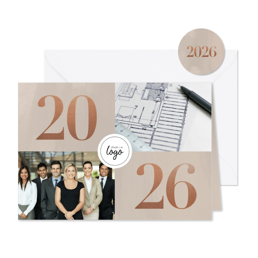 Stijlvolle zakelijke kerstkaart met fotocollage, logo & 2026 - Kaartimpressie