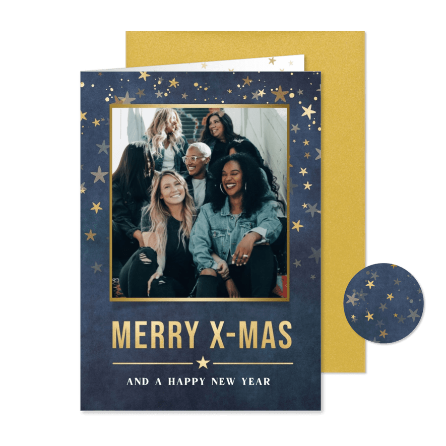 Stijlvolle zakelijke kerstkaart met goudlook sterretjes - Kaartimpressie