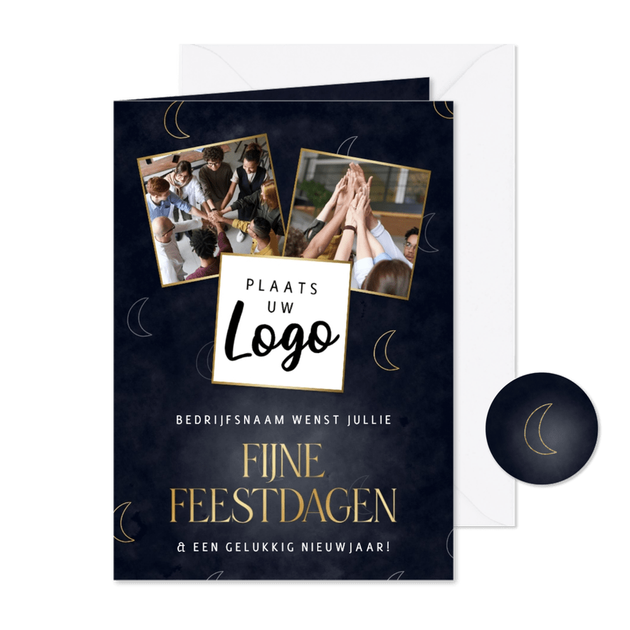 Stijlvolle zakelijke kerstkaart met maantjes en foto's folie - Kaartimpressie