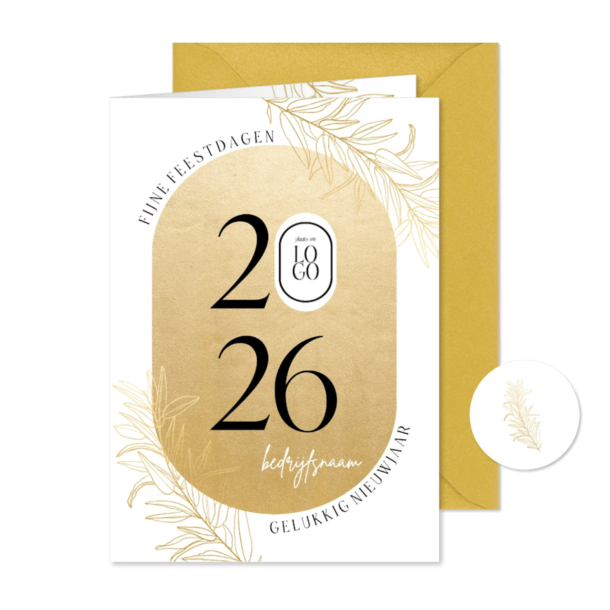 Stijlvolle zakelijke kerstkaart ovaal goud logo en takjes - Kaartimpressie