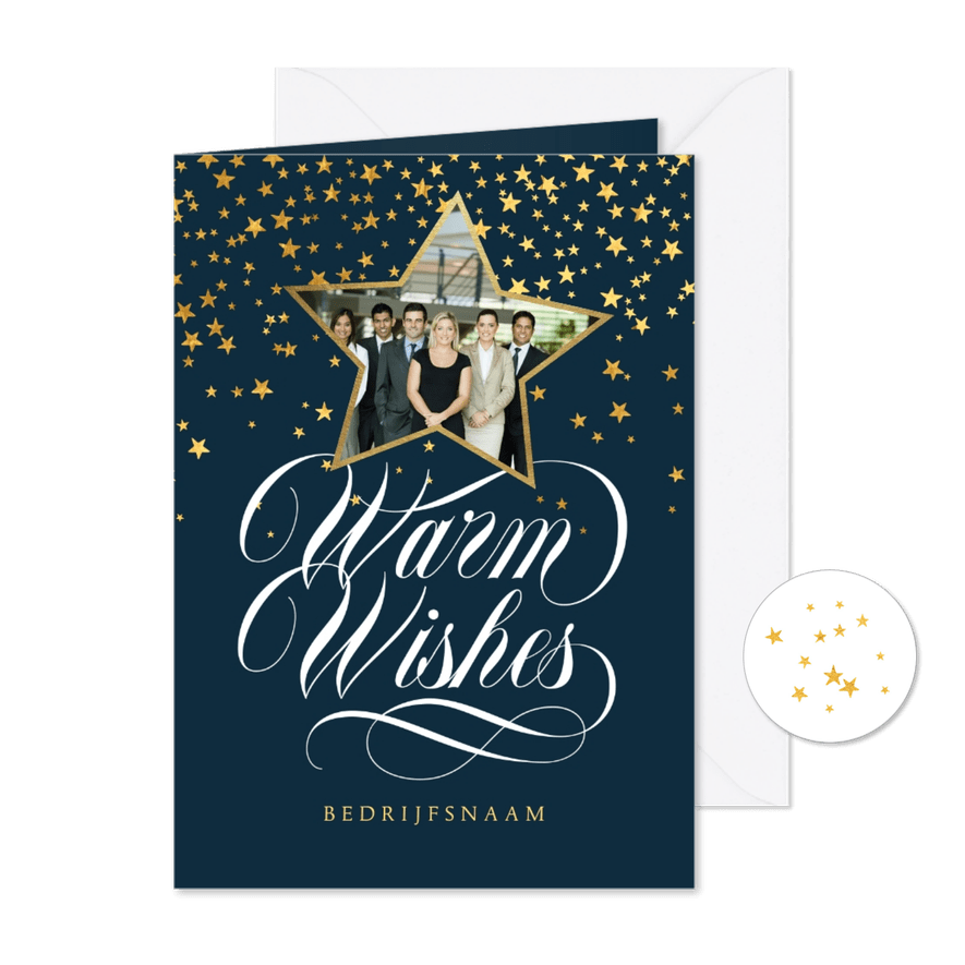 Stijlvolle zakelijke kerstkaart warm wishes sterretjes foto - Kaartimpressie