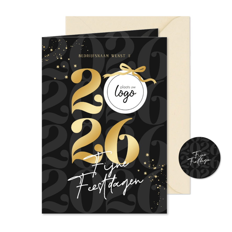 Stijlvolle zakelijke kerstkaart zwart goud jaartal en strik - Kaartimpressie