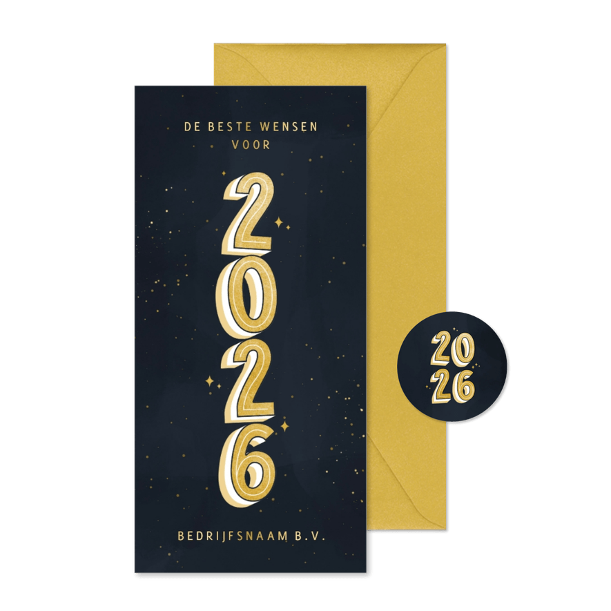 Stijlvolle zakelijke nieuwjaarskaart typografie 2026 en goud - Kaartimpressie