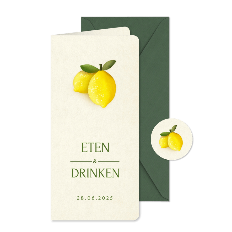 Stijlvolle zomerse trouw menukaart met 2 citroentjes - Kaartimpressie