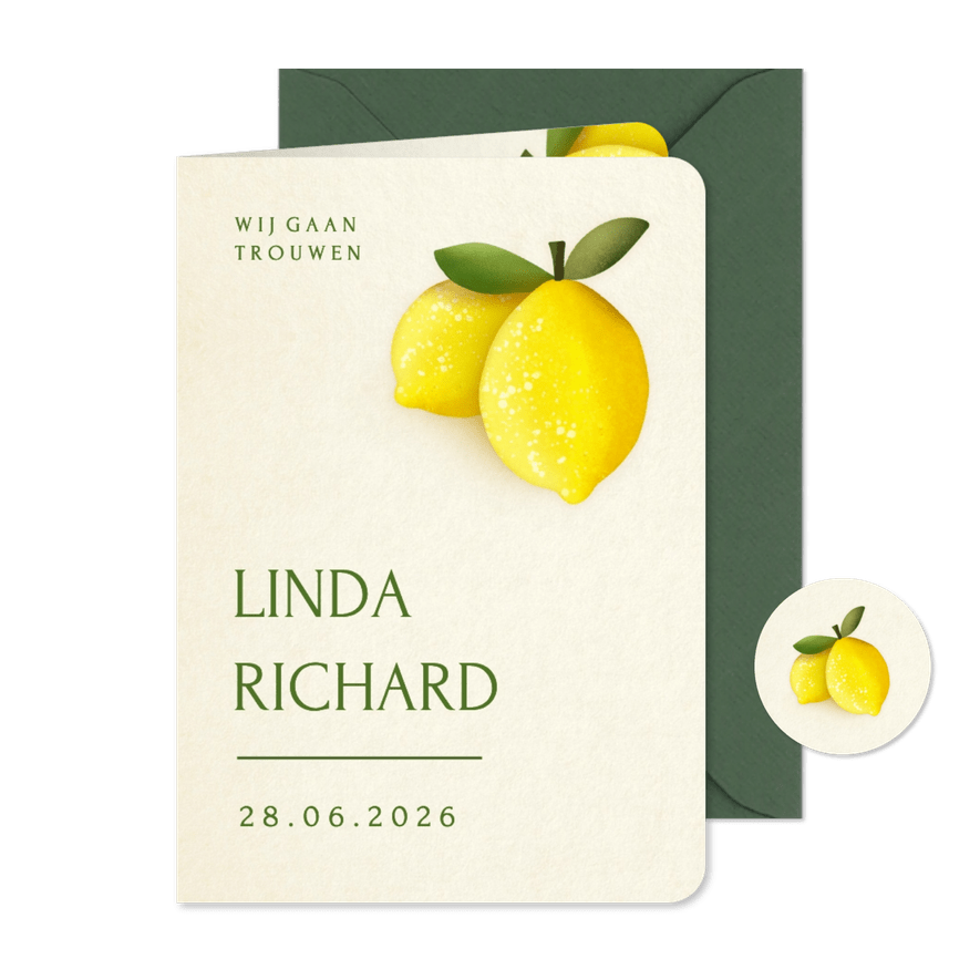 Stijlvolle zomerse trouwkaart - uitnodiging met citroenen - Kaartimpressie
