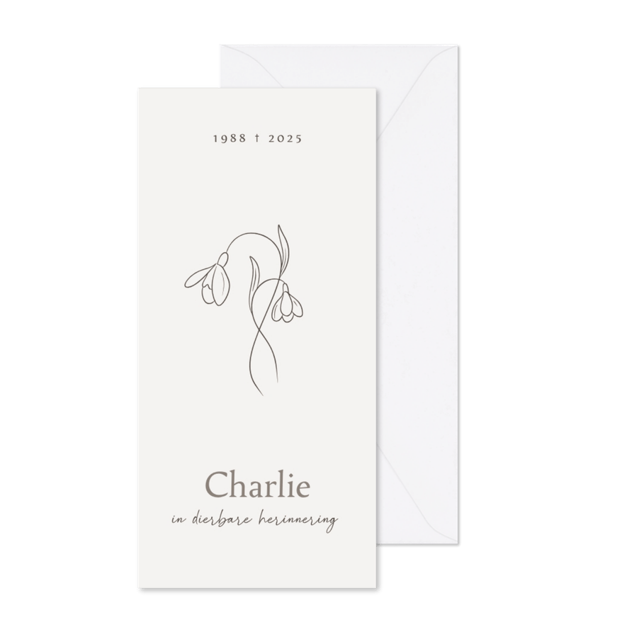 Stijlvolle zwart-witte rouwkaart met sneeuwklokjes - Kaartimpressie