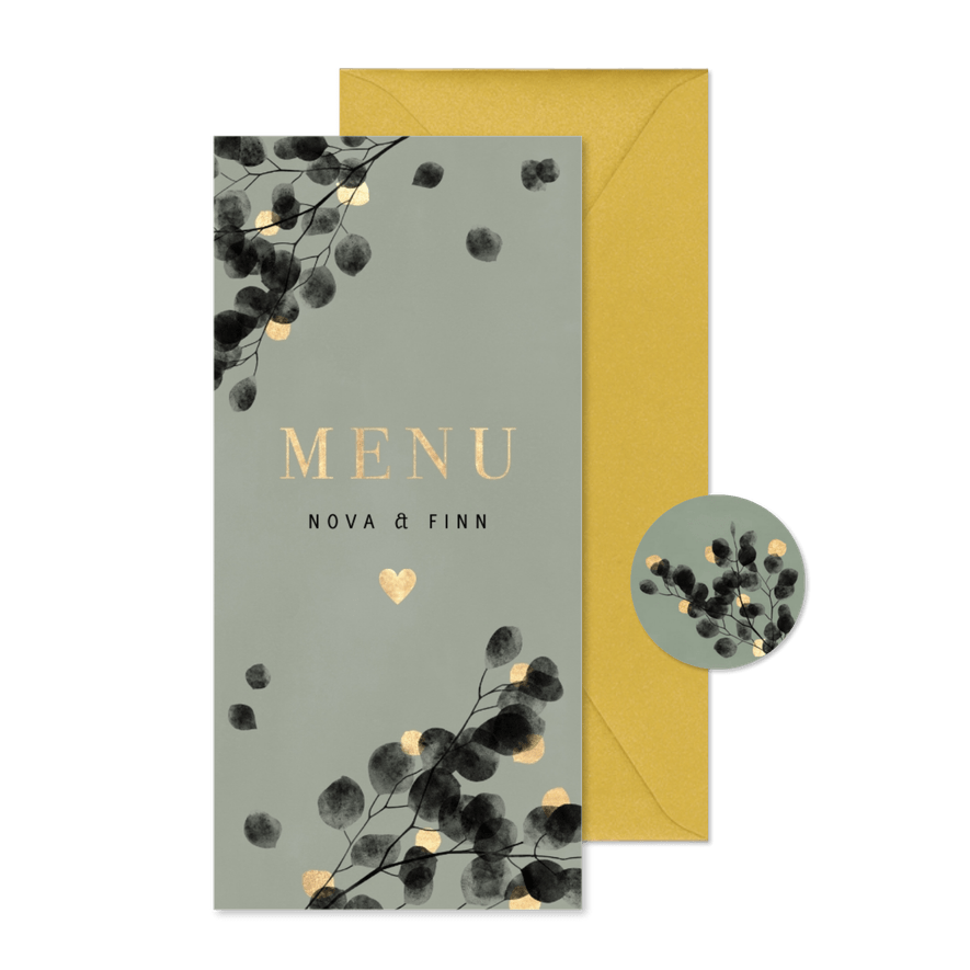 Stijlvolle zwarte eucalyptus menukaart en gouden bladeren - Kaartimpressie