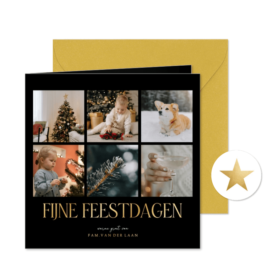 Stijlvolle zwarte fotocollage kerstkaarten met goudfolie - Kaartimpressie