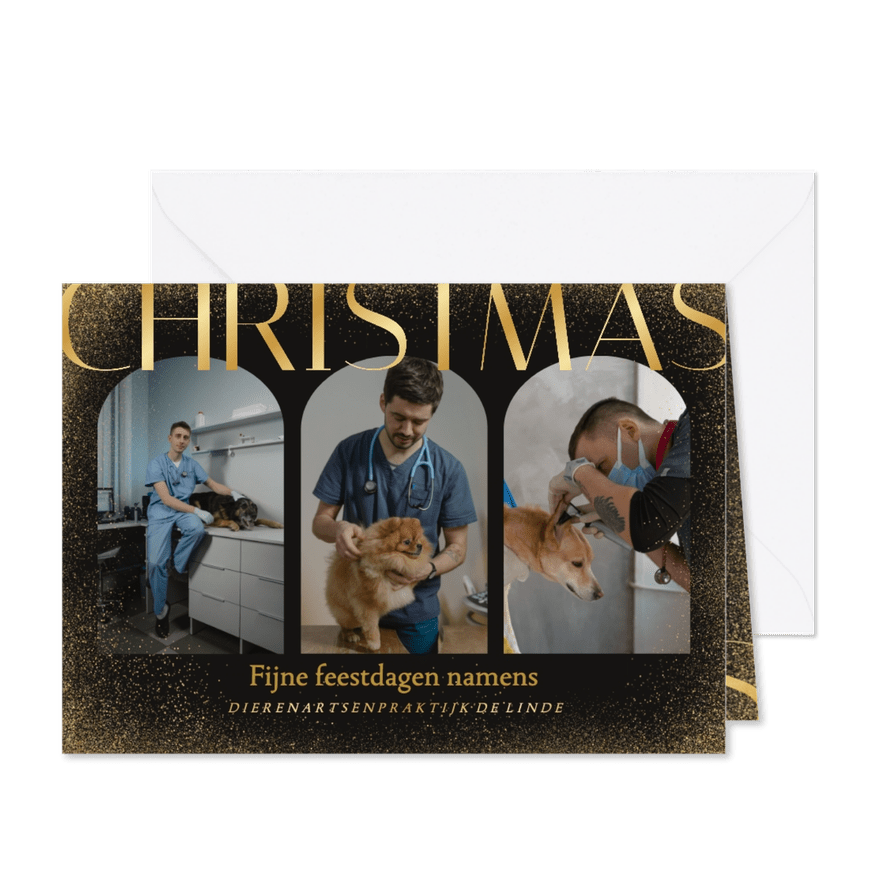 Stijlvolle zwarte zakelijke kerstkaart met bogen en goudlook - Kaartimpressie