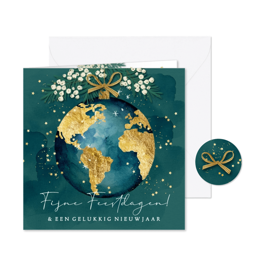 Stijvolle kerstkaart wereldbol kerstbal goud sterren - Kaartimpressie