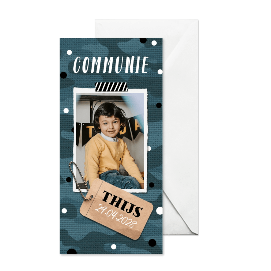 Stoer communie uitnodiging feestje legerprint label foto - Kaartimpressie