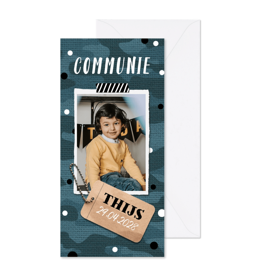 Stoer communie uitnodiging feestje legerprint label foto - Kaartimpressie