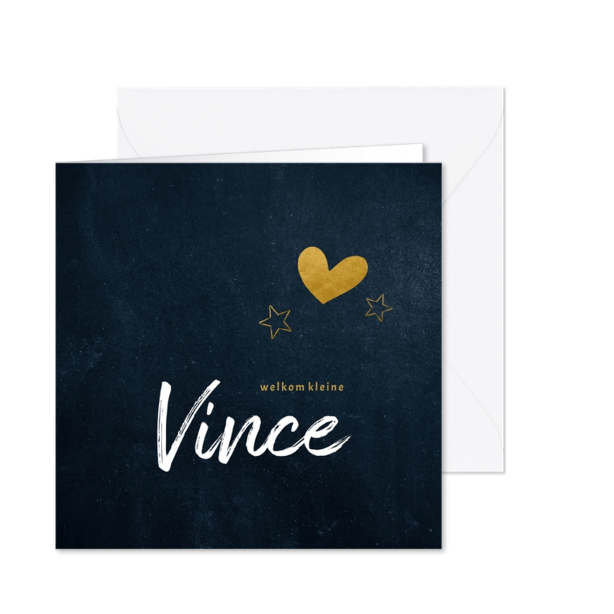 Stoer donkerblauw geboortekaartje met goud hartje en sterren - Kaartimpressie