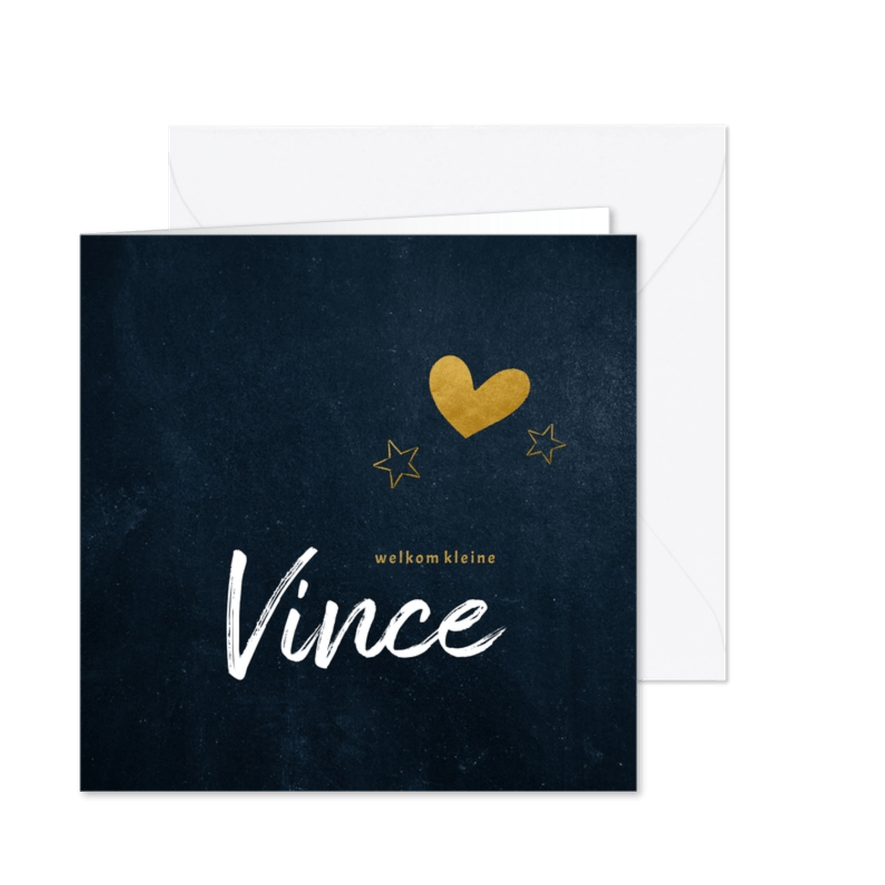 Stoer donkerblauw geboortekaartje met goud hartje en sterren - Kaartimpressie