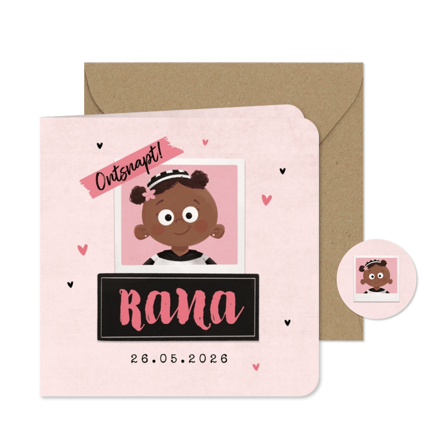 Stoer geboortekaartje boefje meisje baby roze polaroid - Kaartimpressie