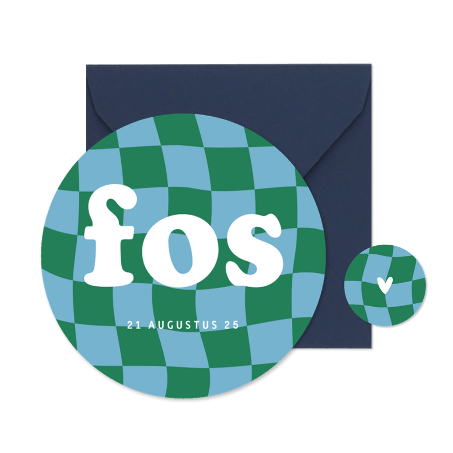 Stoer geboortekaartje cirkel met groovy blokjes blauw groen - Kaartimpressie