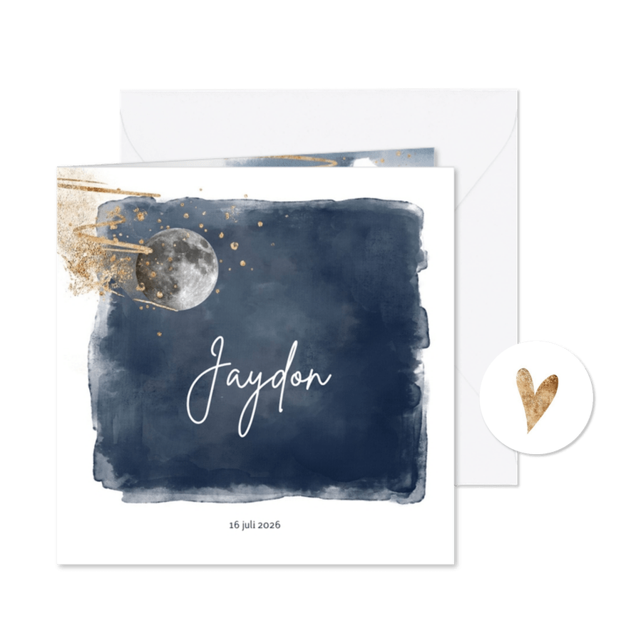 Stoer geboortekaartje jongen blauw watercolor en maan - Kaartimpressie