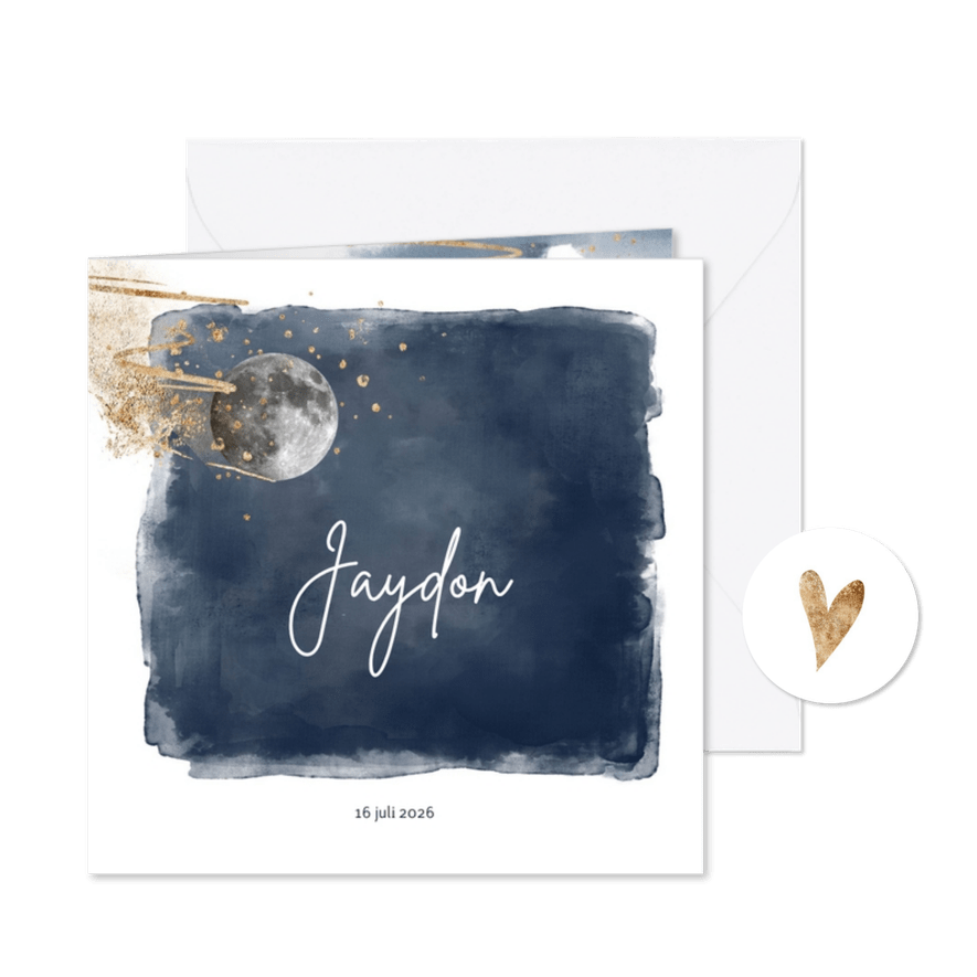 Stoer geboortekaartje jongen blauw watercolor en maan - Kaartimpressie