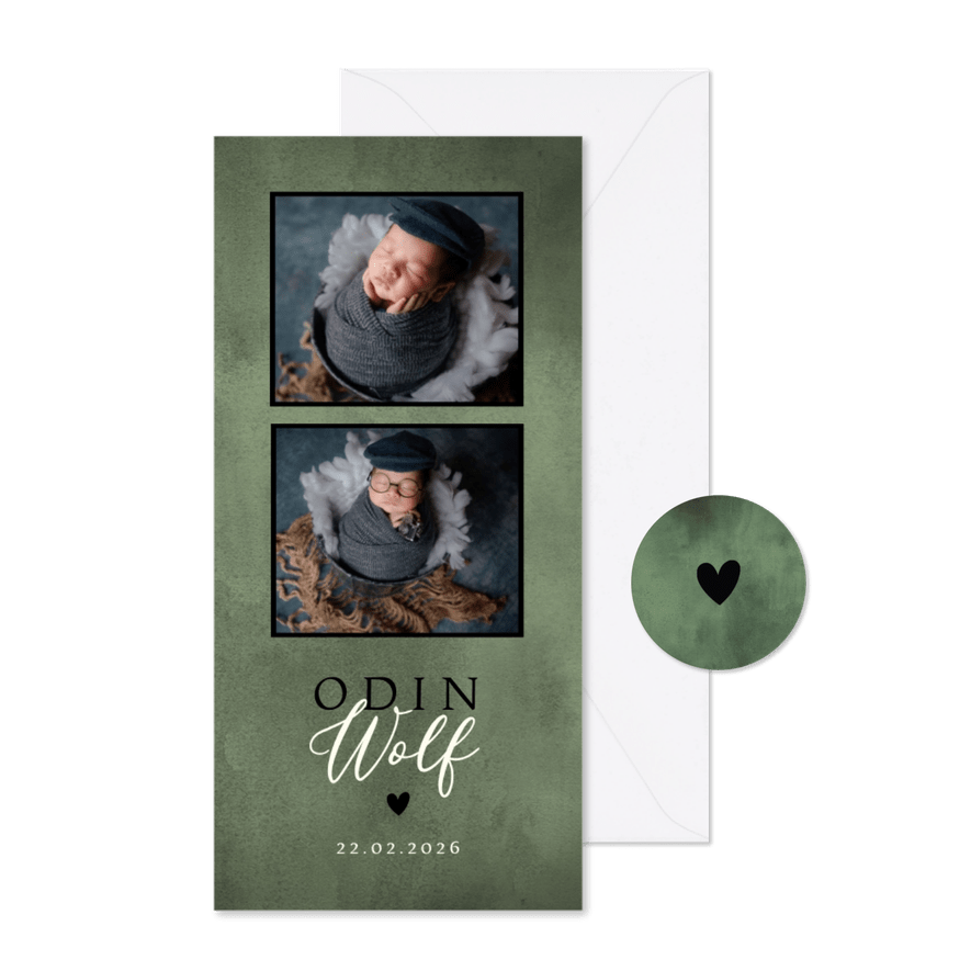 Stoer geboortekaartje met foto's, groene waterverf en hartje - Kaartimpressie