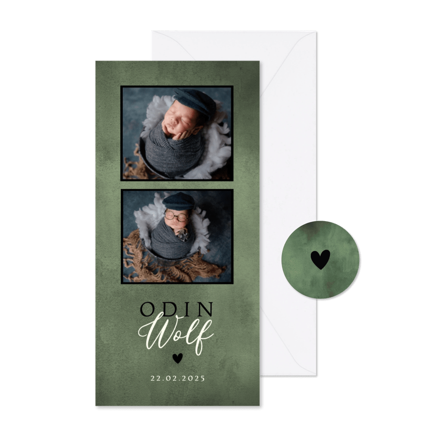 Stoer geboortekaartje met foto's, groene waterverf en hartje - Kaartimpressie