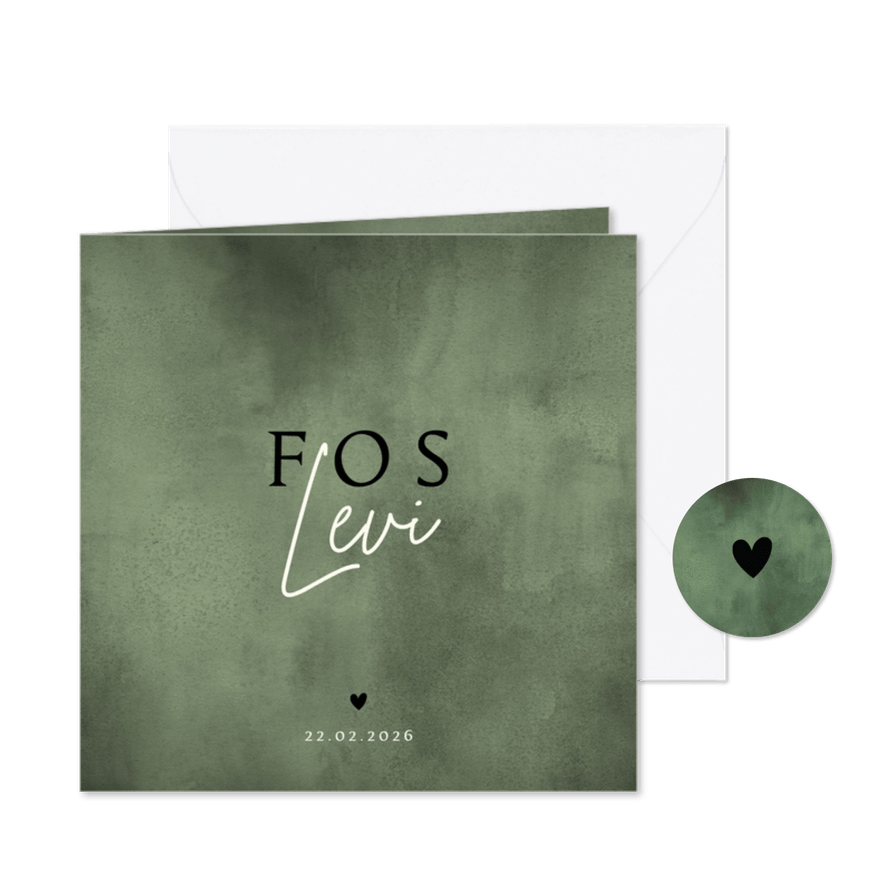 Stoer geboortekaartje met groene waterverf en hartje - Kaartimpressie