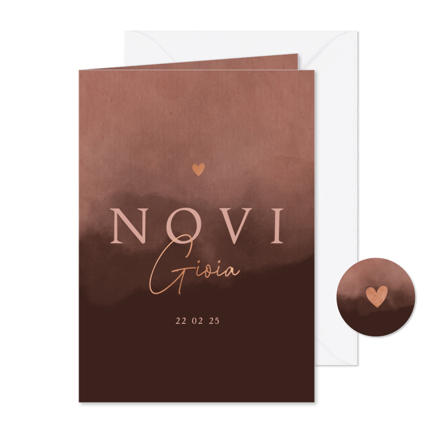 Stoer geboortekaartje met roze waterverf en koperfolie - Kaartimpressie