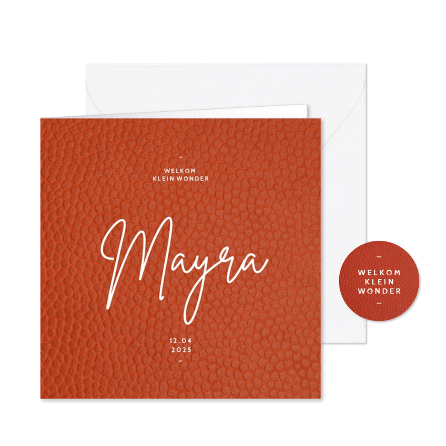 Stoer geboortekaartje roest leer textuurlook minimalistisch - Kaartimpressie