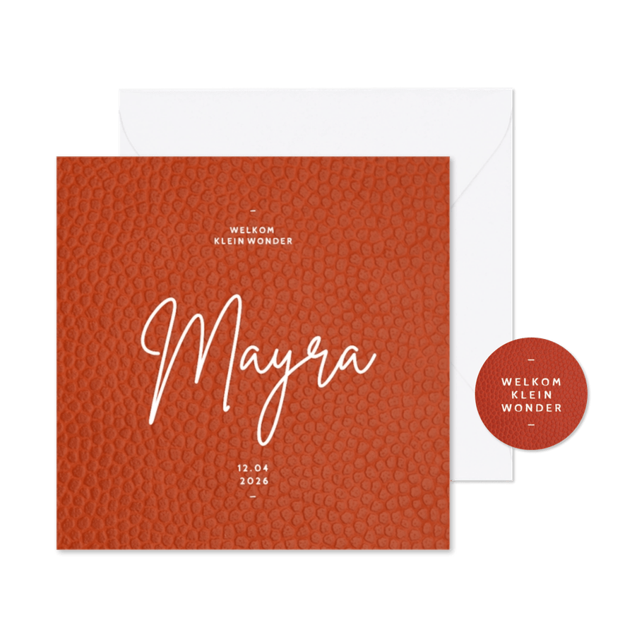 Stoer geboortekaartje roest leer textuurlook minimalistisch - Kaartimpressie