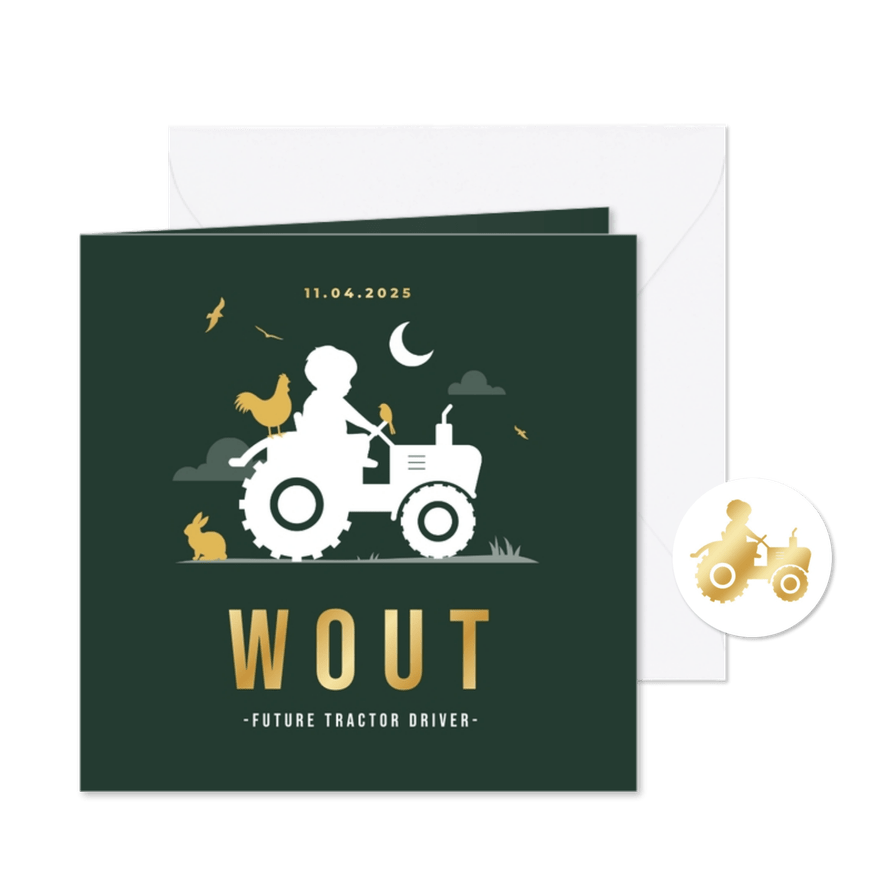 Stoer geboortekaartje tractor silhouet dieren vogels - Kaartimpressie
