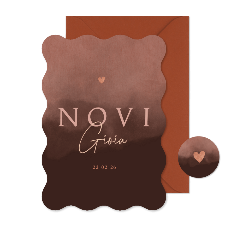 Stoer golvend geboortekaartje met roze waterverf  - Kaartimpressie