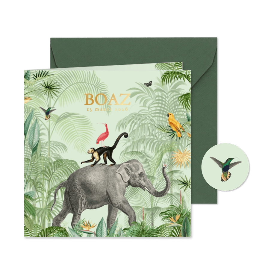 Stoer jungle geboortekaartje jongen met olifant goudfolie - Kaartimpressie